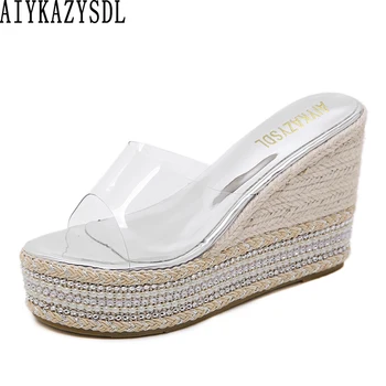 

AIYKAZYSDL Women Crystal Transparent Clear Sandals Slides Mules Summer Open Toe Rhinestone Wedge Heel Platform Cane Straw Shoes