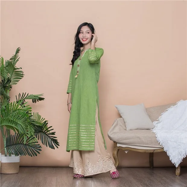 Woman Fashion Ethnic Styles Sets Print Cotton India Dress Lady Long Green Top And Pants