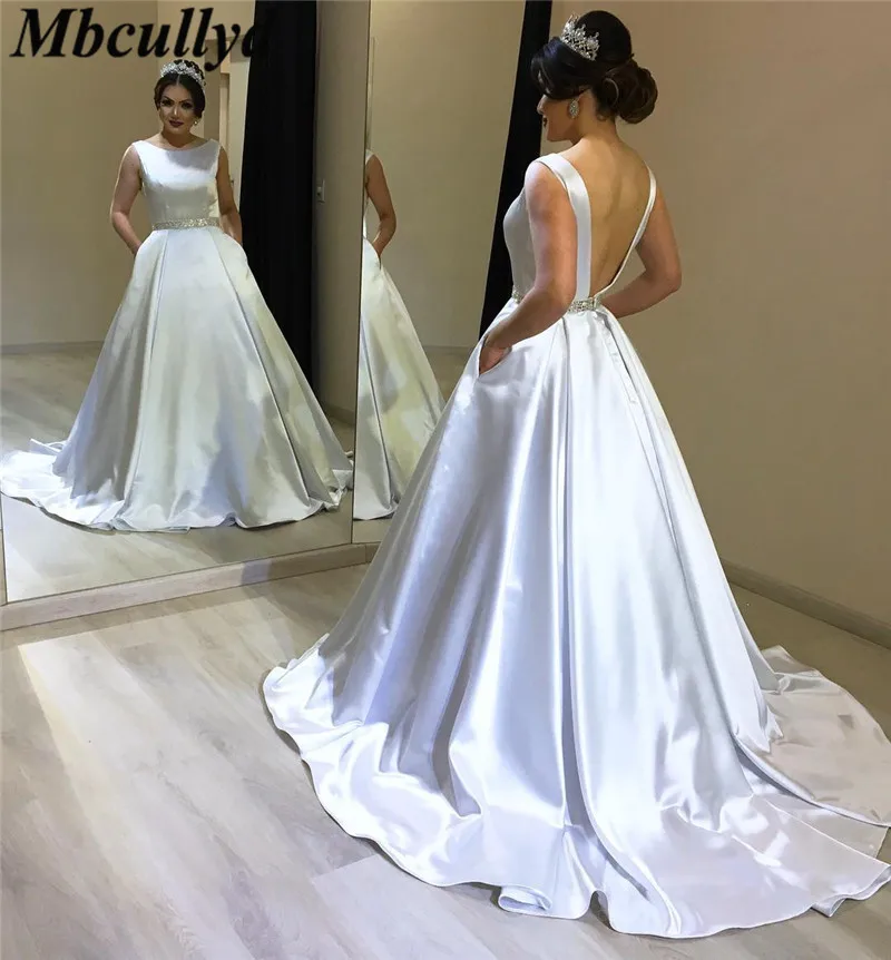 

Mbcullyd Shining Beading Wedding Dresses 2019 Plus Size Sweep Train Bridal Gowns Luxury Satin Robe De Mariee New Wedding Dress