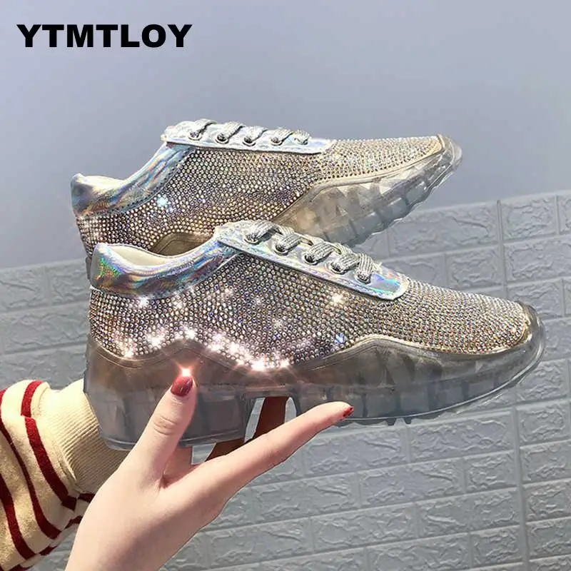 

2019 Transparent Women Glitter Platform Sneakers Fashion Chunky Shoes Triple Sole Metallic Sequins Bling Footwear Crystal