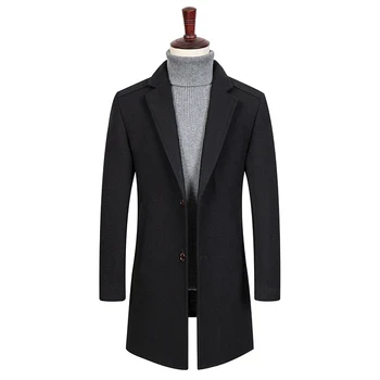 

Autumn New Fashion Men Solid Color Single Breasted Long Trench Coat Men Urban Leisure Slim Long Woolen Coat