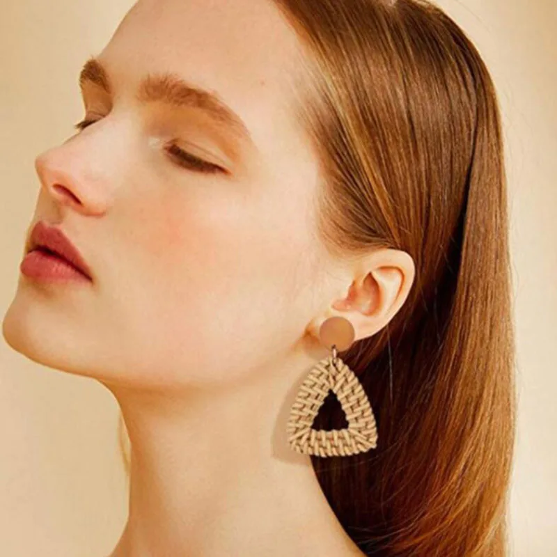 

2019 Multiple Korean Style Rattan Knit Handmade Wooden Geometric Drop Earrings For Women Vine Round Circle Dangle Bar Jewelry