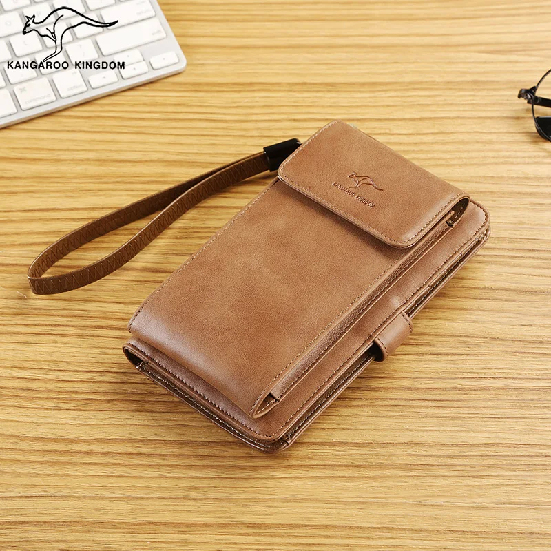 

KANGAROO KINGDOM luxury brand men wallets genuine leather long large capacity clutch purse vintage phone wallet card holder