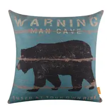 LINKWELL 18x18 Retro Blue Wood Look Slat Bear Burlap Cushion Cover Throw Pillowcase Warning for Man