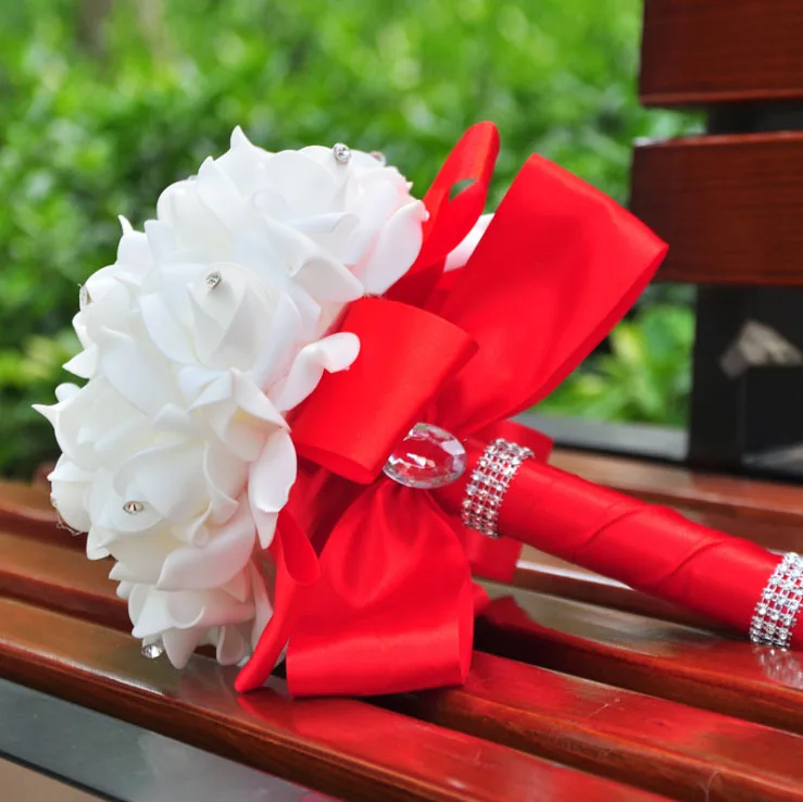 Wedding Bouquet, Big Size Red Bridesmaid Bouquet Bridal Bouquet with Crystals Soft Ribbons, Artificial Rose Flowers for Wedding (3)