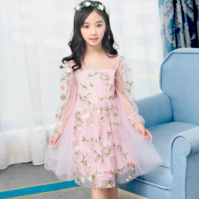 

Kids Princess Dress Mesh See-through Dress Girl Fluffy Net Yarn Summer Dress 2018 New Teens Embroidery Floral Vestidos for 4-14Y