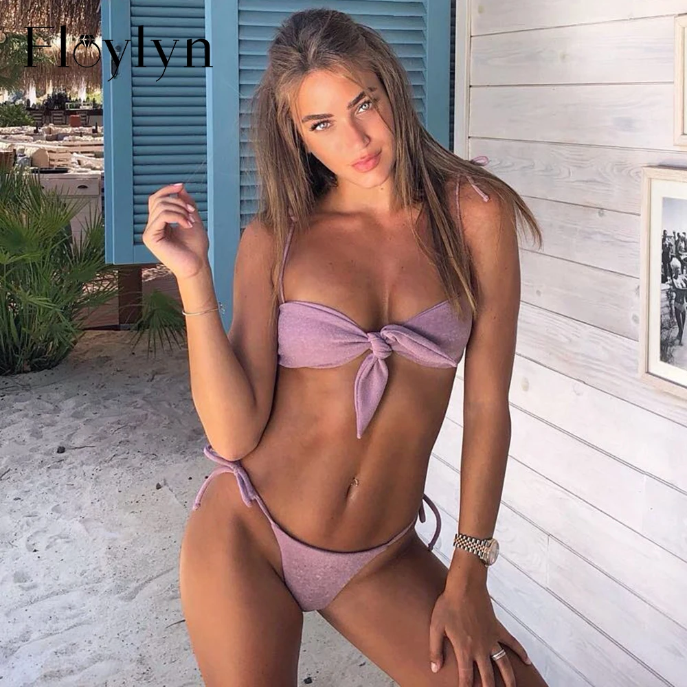 Женский купальник Floylyn фиолетовый бикини с бантиком и пуш апом летняя пляжная