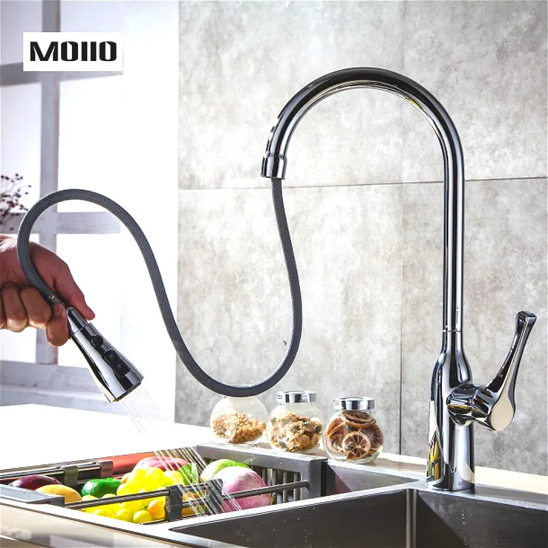 

MOIIO Modern Pull-Out Kitchen Faucet Solid Brass Chrome Single hand Pause Button Pull Out Sprayer Kitchen Faucet torneira