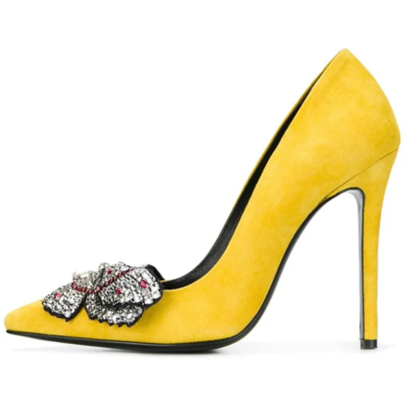 2019 New pointed toe crystal high heels shoes woman yellow suede bowtie ...