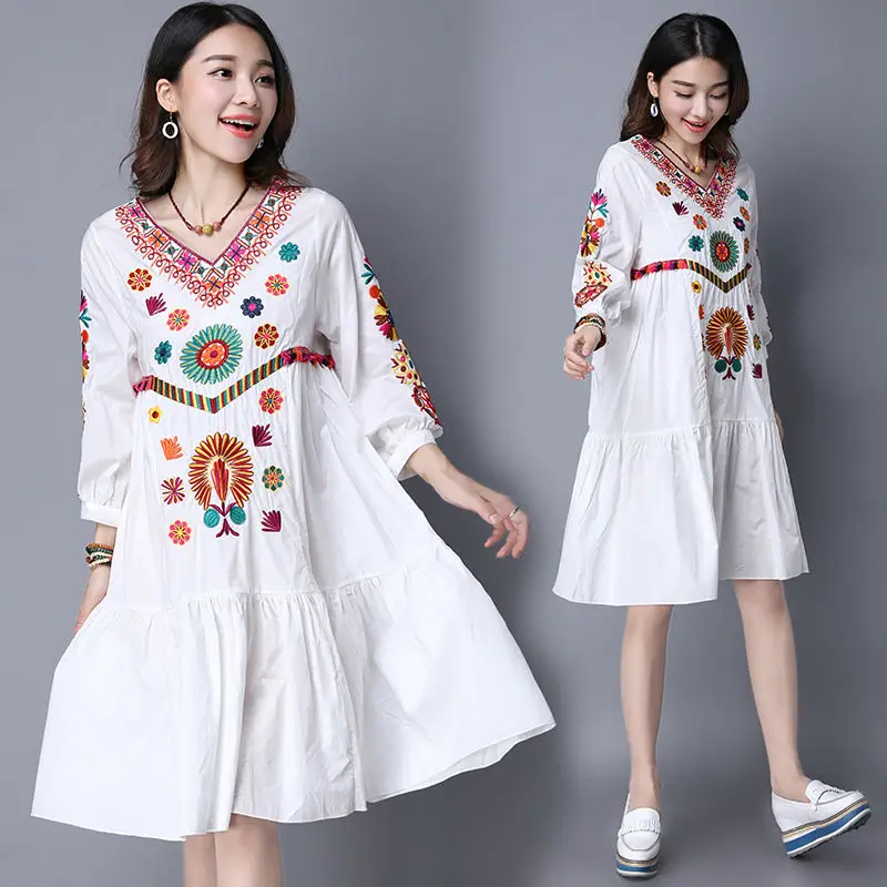 Hot Sale Vintage 70s Mexican Boho Hippie Floral Embroidered Ethnic Loose White Long Chic Women Dress Free Shipping