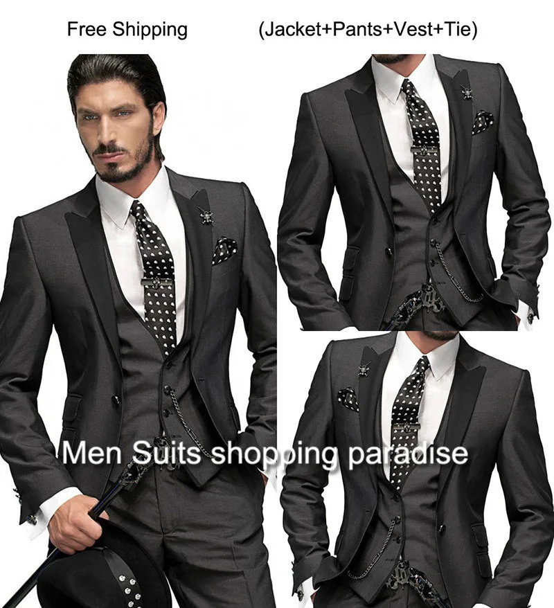 

Best Customized Charcoal Design Groom Tuxedos Wedding Party Suit business Groomsman Suit Jacket+Pants+Tie+Vest Bridegroom Suit
