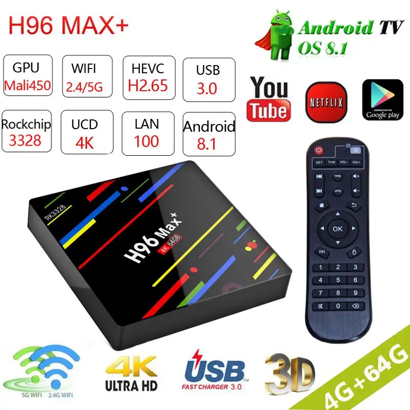 

h96 max Plus smart tv box 4gb ram 64g ROM Quad-core 2.4G/5GHz Dual Band WiFi USB 3.0 Google IPTV 4k Set top Box Media Player