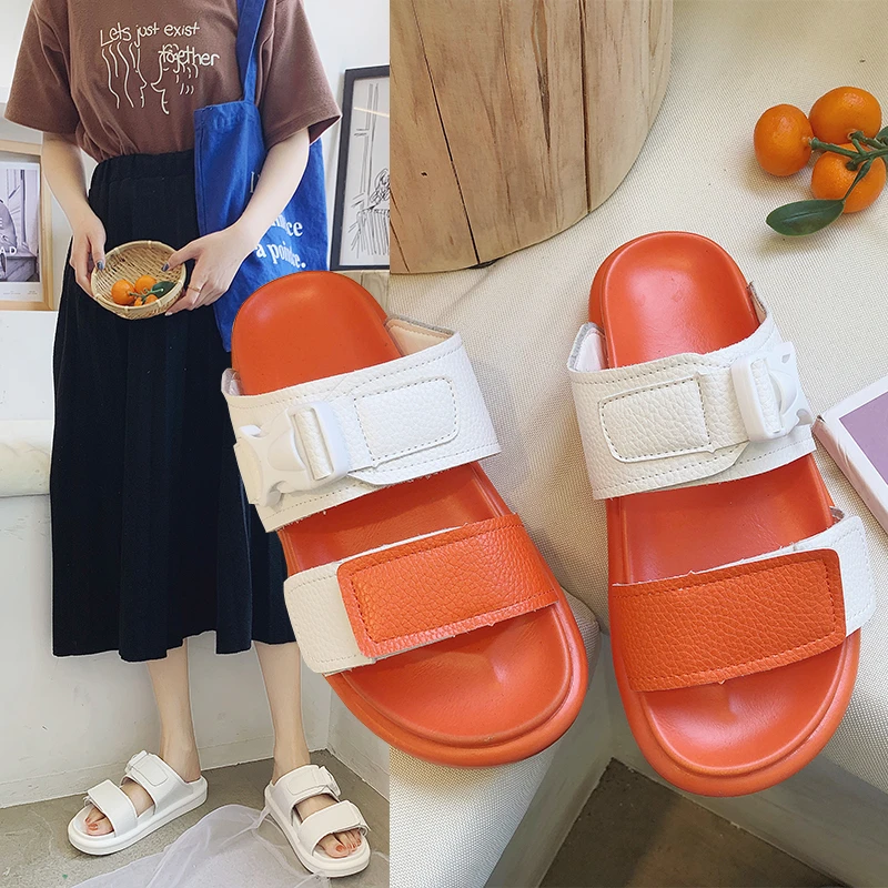 

Korean Style 2019 Chic Summer women slippers outdoor Casual Ladies slides Bright color hook-loop student Beach shoes Orange