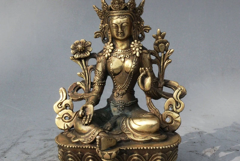 

6" Old Tibet Mahayana Buddhism Temple Brass Green Tara Buddha Goddess Statue