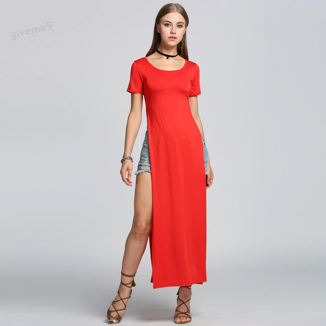 Sexy Womens High Cute Side Slits Long Maxi Dress Round Neck Short