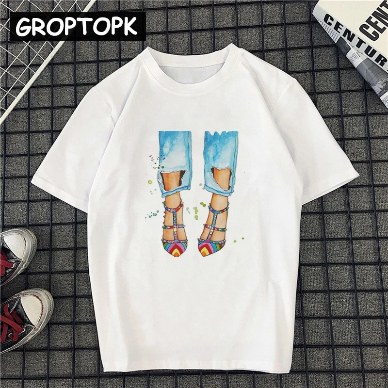 

High Heel Art Painting T-shirts for Women Summer 2019 Harajuku Top Cotton Vintage T Shirt Tumblr Girl Aesthetic Korean Clothes