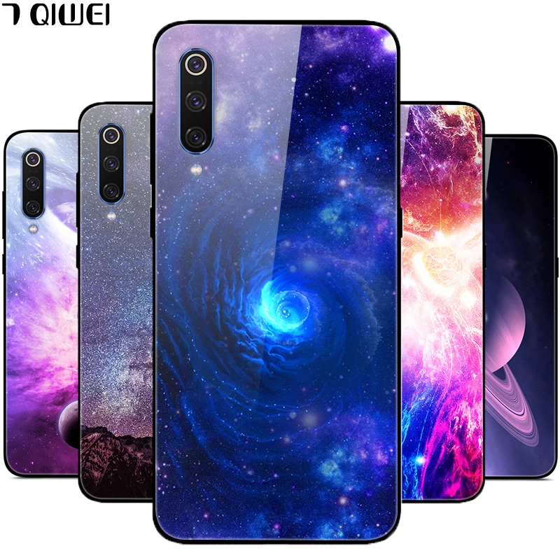 

F For Xiaomi Mi9 Case 6.39'' Tempered Glass Fashion Hard Back Cover For Capa Xiaomi Mi 9 Case Soft Bumper for Xiaomi M9 MI9