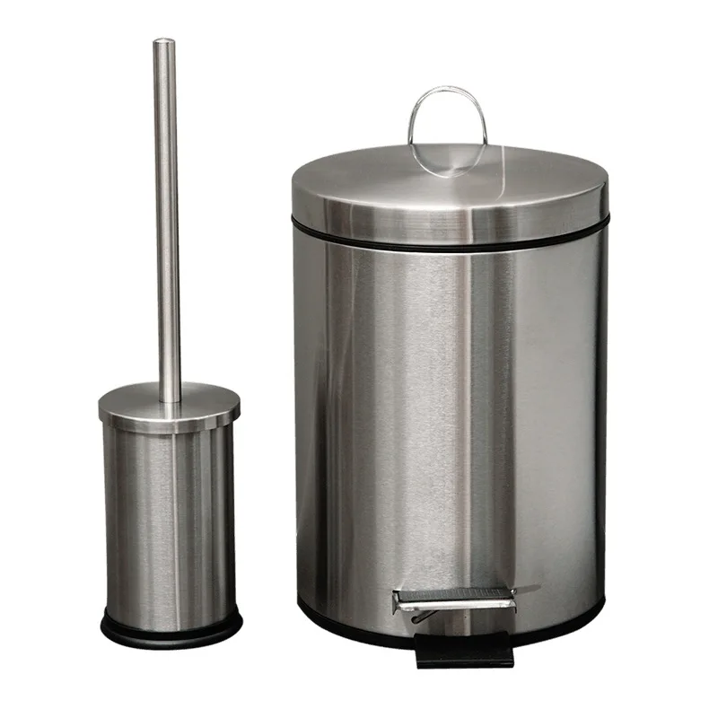 8 Litre Circular Trash Can with Toilet Brush Set 304 Stainless Steel