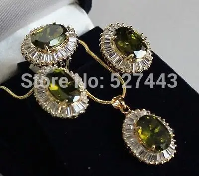 

Wholesale Hot '' 18K GP Gold-tone Inlay Peridot Crystal Necklace Pendant Earring Ring Set