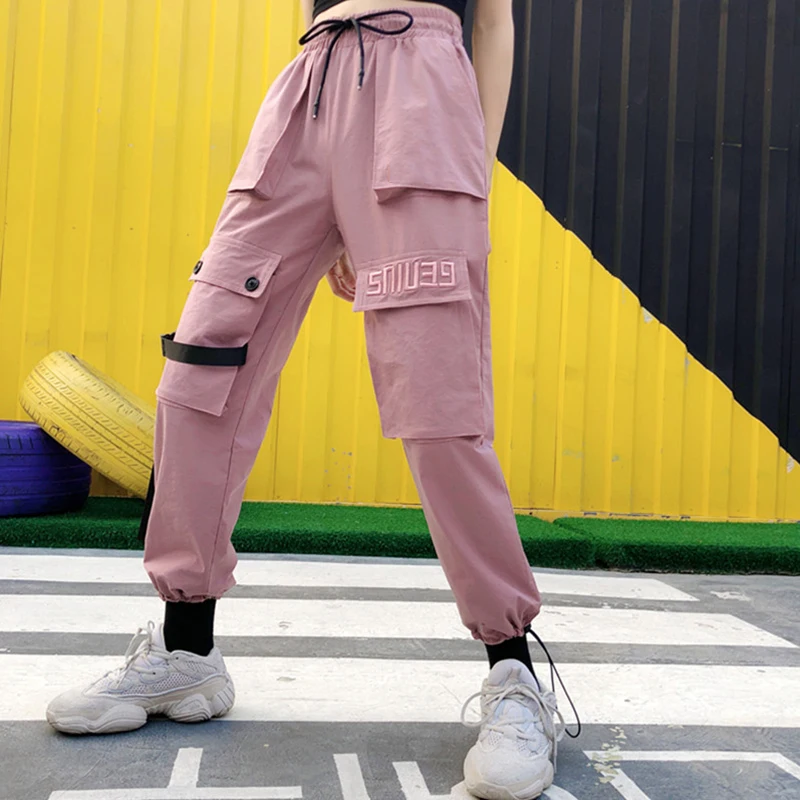 

VANGULL 2019 Spring Women embroidery Ladies Cargo Pants Street wear Joggers Solid Big Pocket High Waist Loose Female Trousers