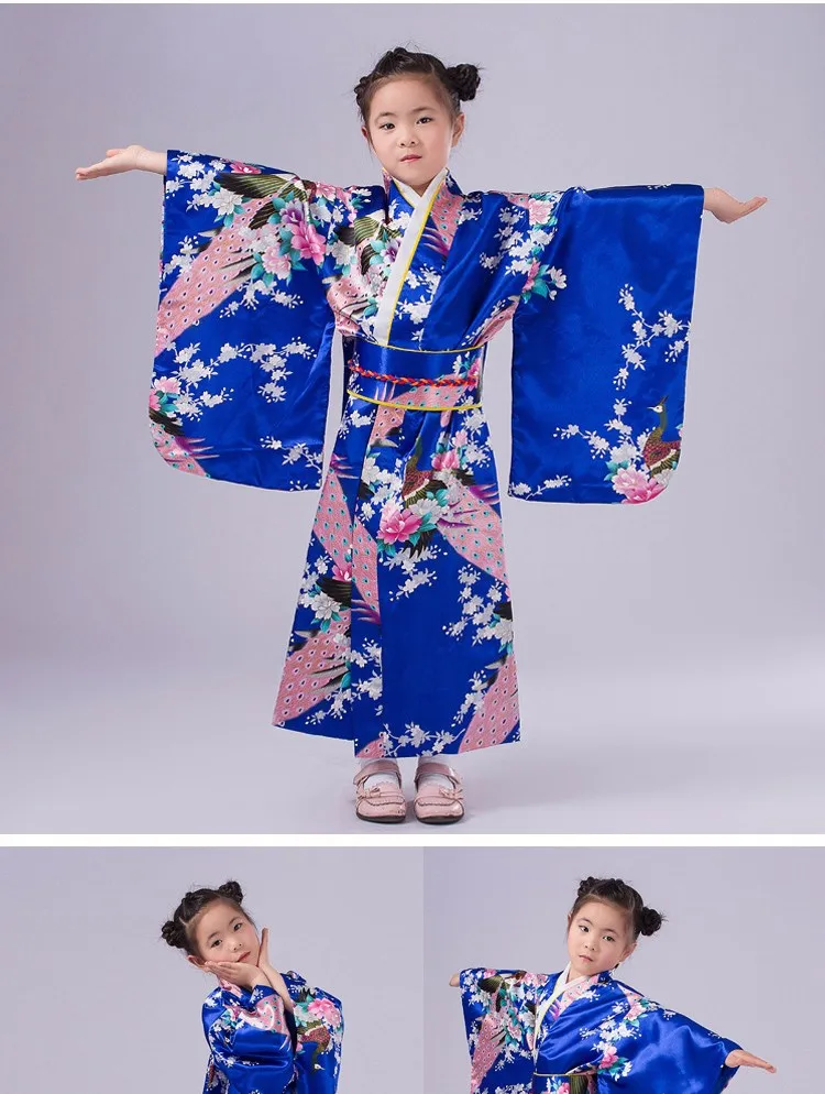 Детское платье юката с цветочным рисунком павлина; японское кимоно для девочек; карнавальный костюм; детское традиционное кимоно; Japones Haori; одежда; 89