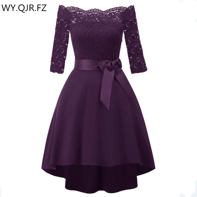 

CD1613J#Lace Bow Boat Neck Short Bridesmaid Dresses Grape purple Wedding Party Dress Gown Prom Wholesale women cheap clothing