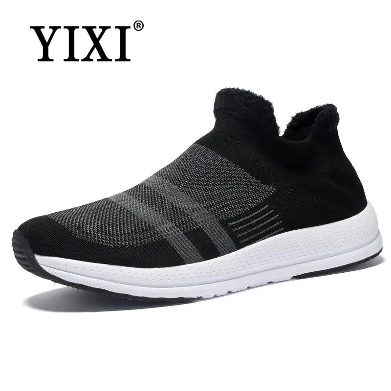 

YIXI male winter sneakers for men high top casual socks shoes men ankle snow boots Black Walking shoes plush warm Footwear