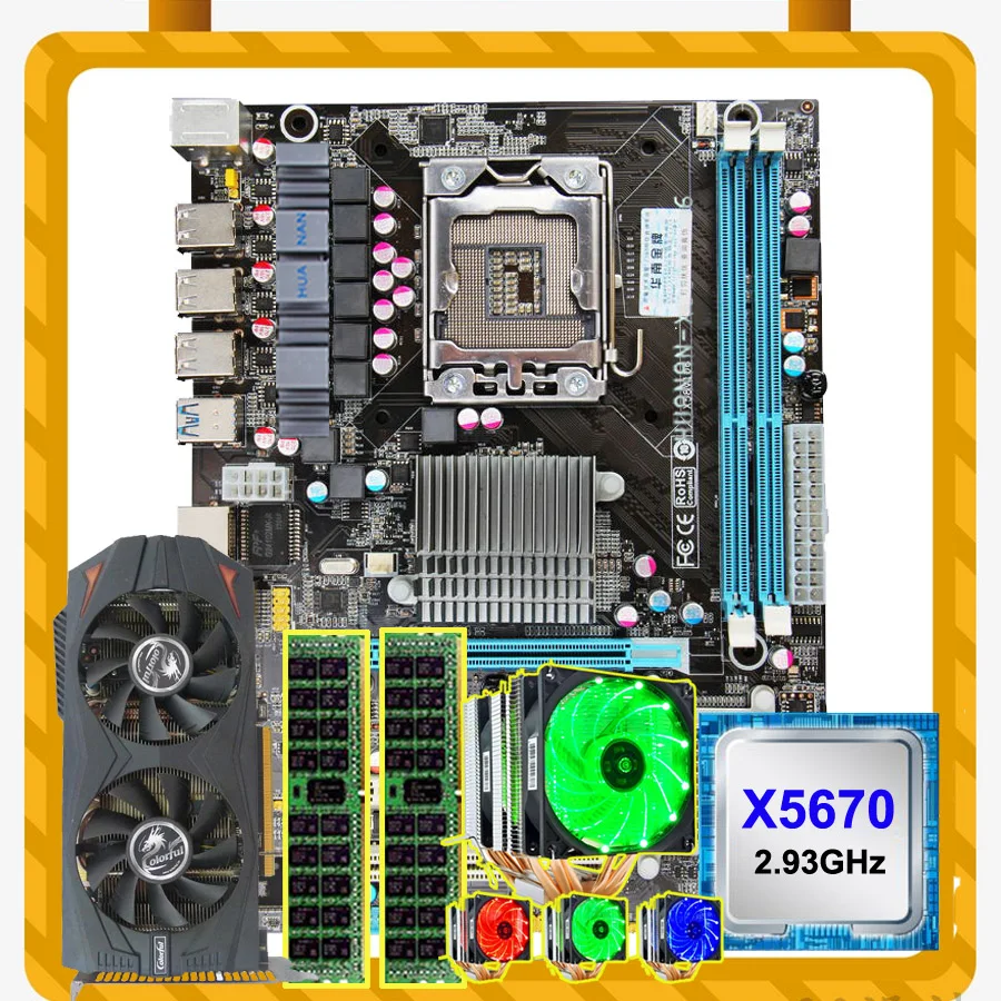 Best Price HUANAN ZHI motherboard bundle X58 LGA1366 motherboard with CPU Xeon X5670 2.93GHz with cooler RAM 2*8G RECC GTX760 2G video card