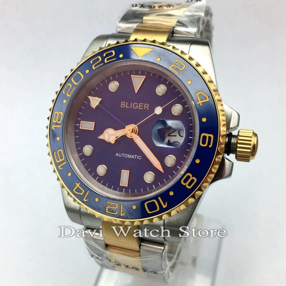 

40mm Bliger Stainless Steel Case Bands Luminous Blue Dial GMT Mechanical Automatic Mens Watches