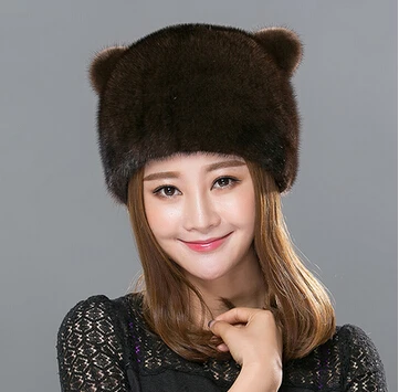 Cheap women's genuine mink fur hat with lovely cat ear style caps 2016 new hats for girls High Quality Cat Shape Funny Cap Girls