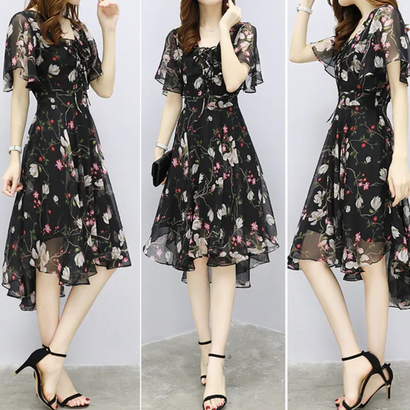 2018 فستان صيفي النساء الكورية نمط ضئيلة اللباس الطباعة غير النظامية مزاجه عارضة أزياء زائد حجم الشيفون الشاطئ فساتين A187