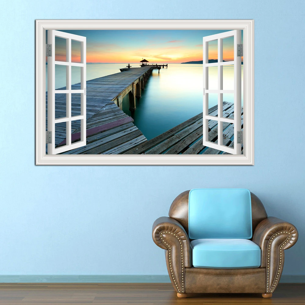 503 31 De Réduction3d Fenêtre Vue Coucher De Soleil Bord De Mer Autocollants Mur Autocollant Paysage Papier Peint Mur Art Affiche Pour Salon