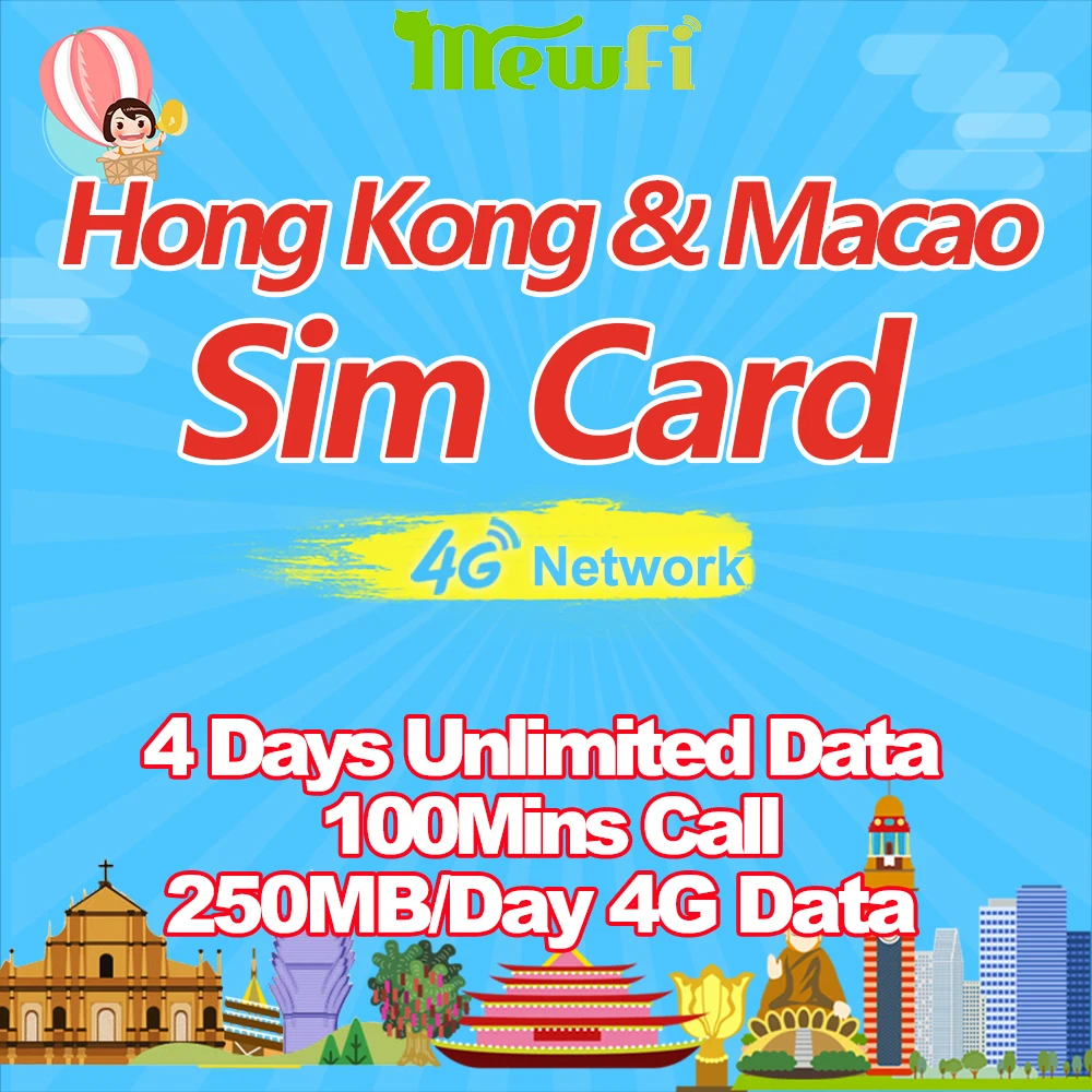 

Mewfi HK Hong Kong/Macao Travel Sim Card 4 Days Unlimited Data+100 Mins Call 250MB/Day 4G Data 3in1 Triple Mobile Phone Sim Card