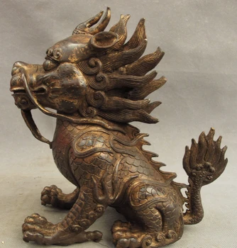 

xd 001450 9" Folk Chinese Classic Bronze Guardian Dragon Kylin Unicorn PiXiu Beast Statue