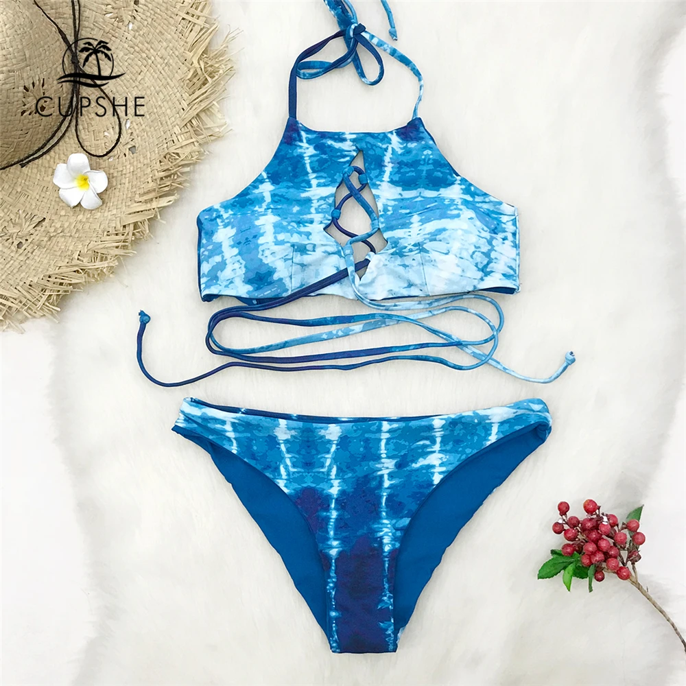 Cupshe Reversible Ocean Blue Tie Dye Lace Up Bikini Sets Women