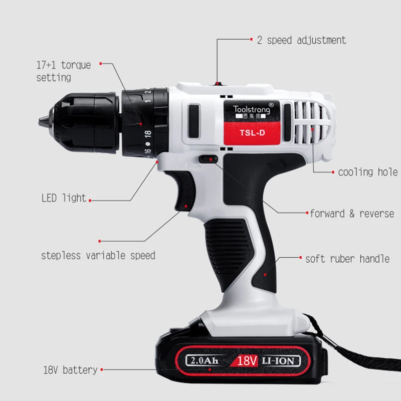 Toolstrong 18 в DC дизайн мобильный источник питания литий-ионный аккумулятор Аккумуляторная дрель/Драйвер Электроинструмент электрическая дрель TSL-D01