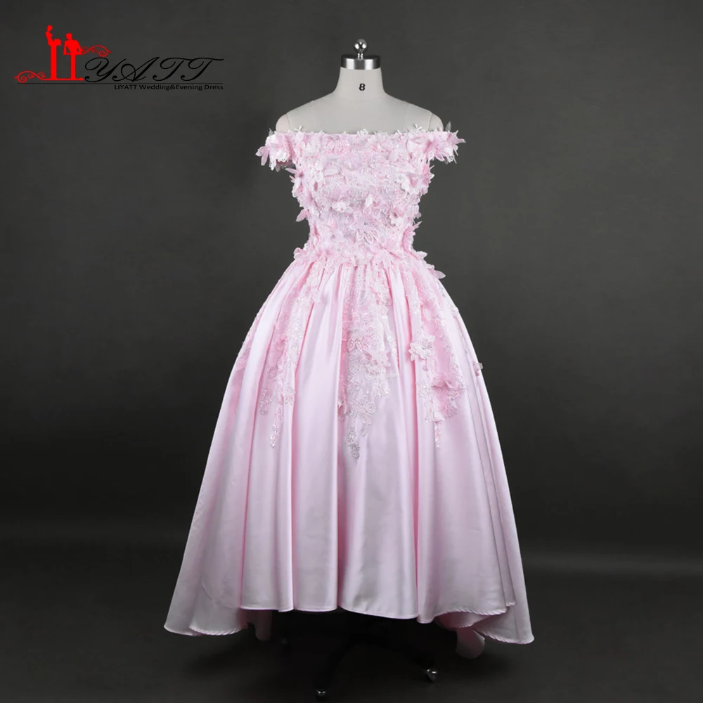 New Pink Evening Dresses 2017 3D Flowers Lace Hi Low Ball Gown Satin ...