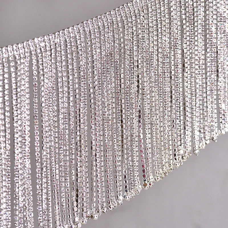 JUNAO 45cm Sewing Crystal AB Rhinestones Fringe Chain Glass Stones Tassel Metal Trim Crystal Applique Strass Tape for Dress DIY