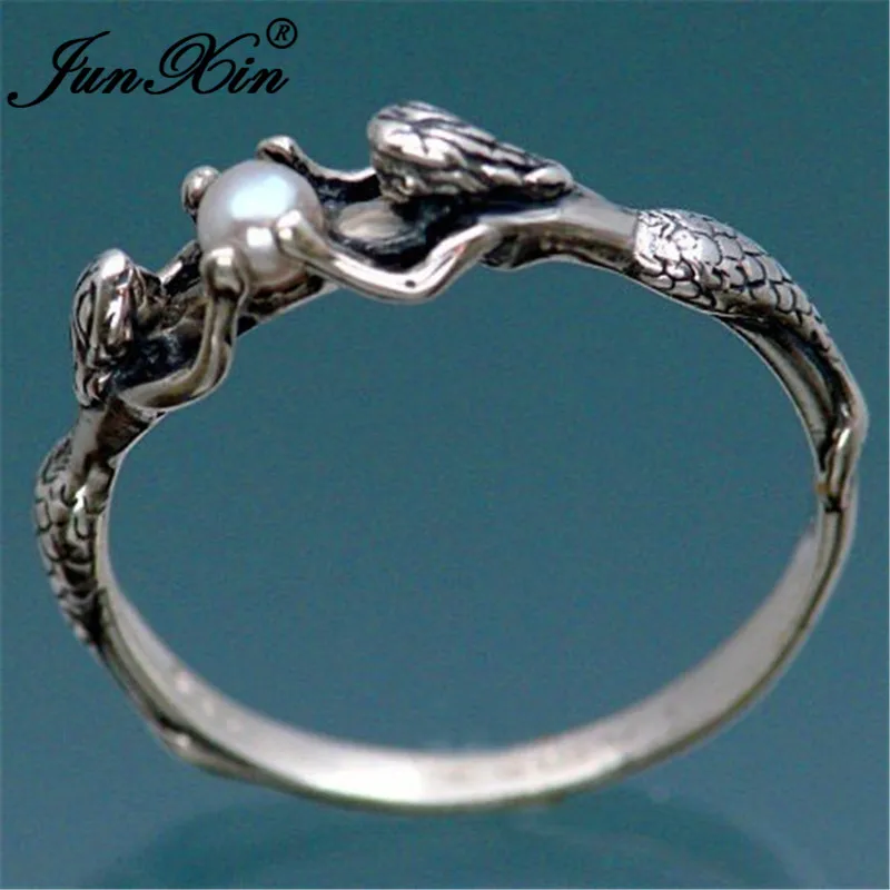 JUNXIN Antique 925 Silver Mermaid Rings For Women Round Aqua Blue Zircon Shell Pearl Beads Ring Female Birthstone Wedding Bands
