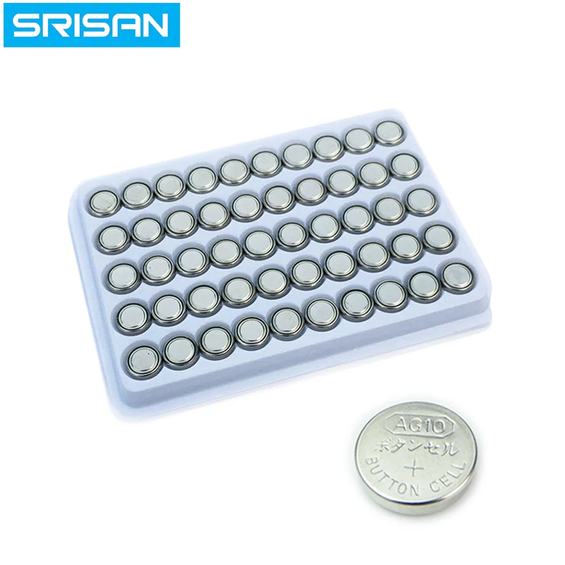 

SRISAN 50pcs AG10 LR1130 1130 SR1130 389A LR54 L1131 389A 1.5V Button Battery MP3 Players,Toys watch batteries Zn/MnO2 batteria