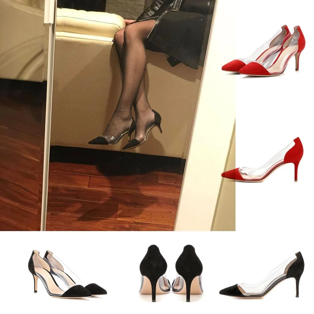 

LOSLANDIFEN Clear PVC Transparent Thin Heel Pumps Slip-On 5CM High Heels Point Toes Women Party Nightclub Shoes Black Size 35-42