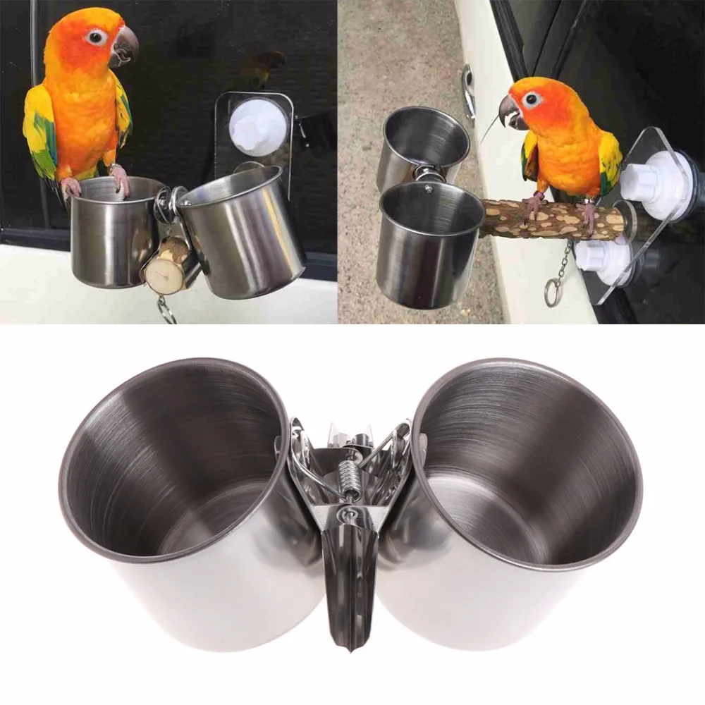 

New Bird Feeder Cups Food Water Feeding Bird Double Cups With Clip Stainless Steel Parrot Cage Stand Bird Supplies C42