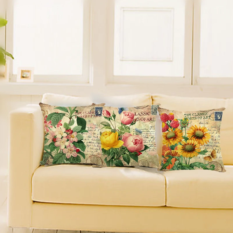

Vintage Decorative Home Cotton Linen Pillow Case Cover Living Room Bed Chair Seat Waist Throw Cushion Rose Flowers Pillowcases