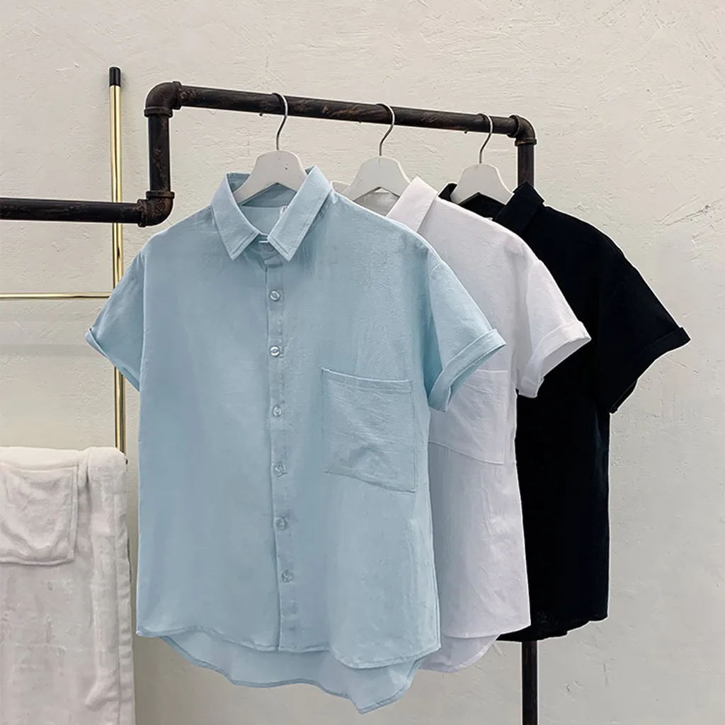 

2019 New Summer Men's Trend Loose Solid Color Pocket Button Lapel Half Sleeve Shirt Handsome Boy Clothing Top Hauts pour hommes