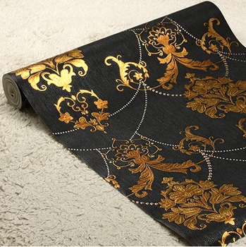 

European luxury black background wallpaper 3D Damascus style mural wall paper Living room bedroom wallpaper PVC waterproof