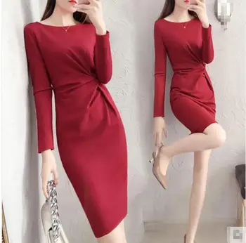 

Red spring long sleeve bodycon office work dress plicate best selling 2018 products