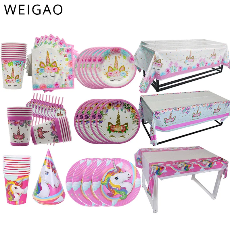 

WEIGAO Birthday Party Disposable Tableware Kits Unicorn Party Paper Cup Plate Cake Toppers Girl Unicorn Birthday Party Supplies