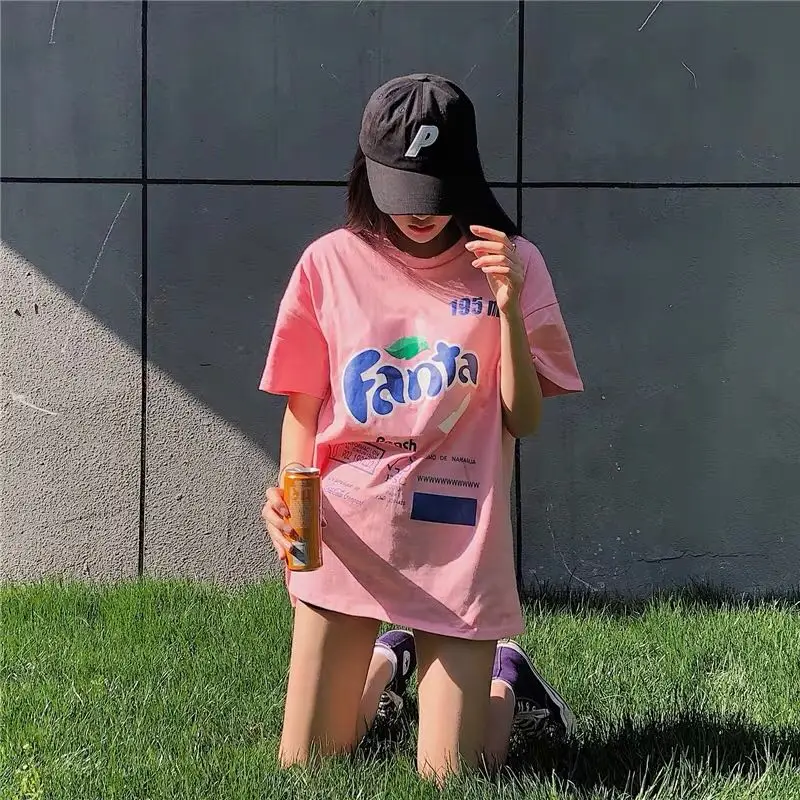 

2019 Summer New Design Women Cotton T-shirt O Neck RUNNING Print Ladies Loose Tshirt Tops Pink T Shirt Oversize