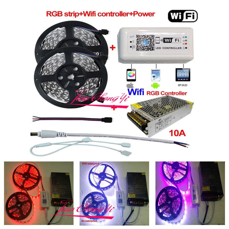 

5-10M 5050 RGB LED Strip Light + Wifi Controller By iPhone Android APP + Power