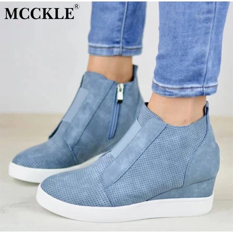 

MCCKLE Plus Size Women Casual Sneakers Autumn Platform Flat Female Hollow Out Zipper High Top Vulcanized Shoes Ladies Leisure